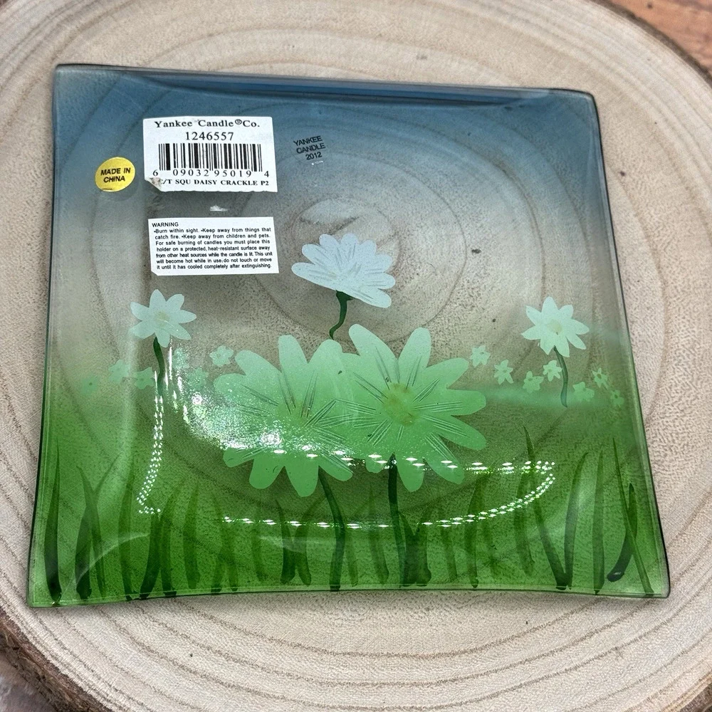 Yankee Candle Daisy Crackle‎ Glass Square Tray /Plate Holder Blue Green 5.5